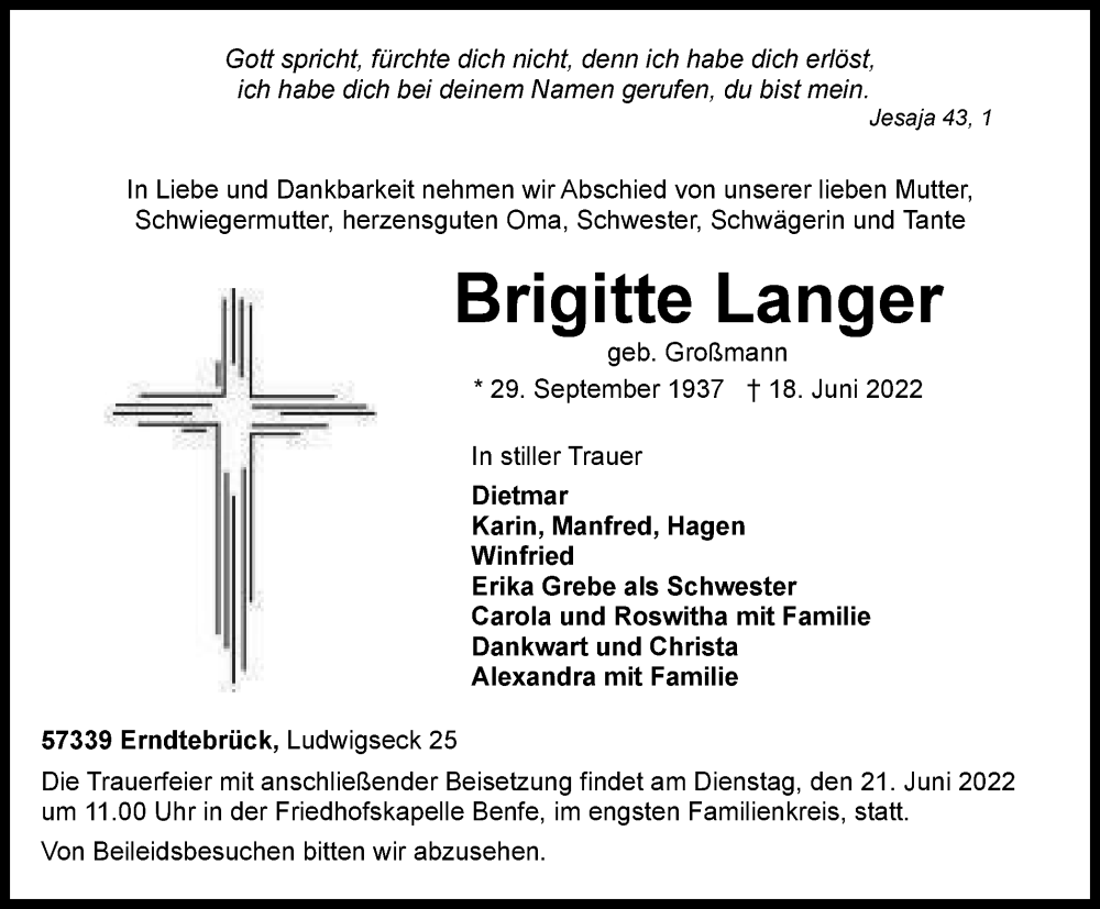  Traueranzeige für Brigitte Langer vom 21.06.2022 aus waz