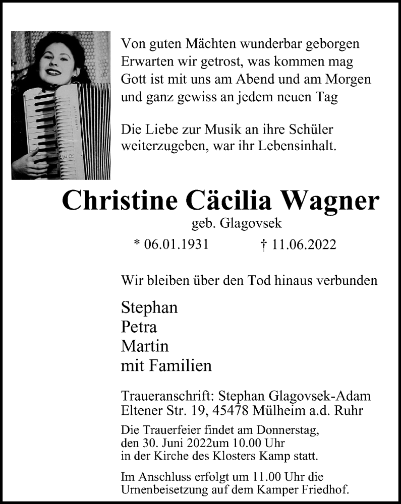  Traueranzeige für Christine Cäcilia Wagner vom 23.06.2022 aus waz