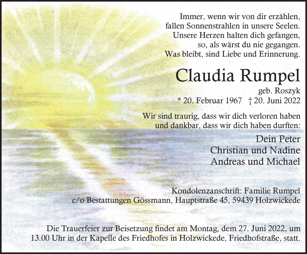  Traueranzeige für Claudia Rumpel vom 23.06.2022 aus waz
