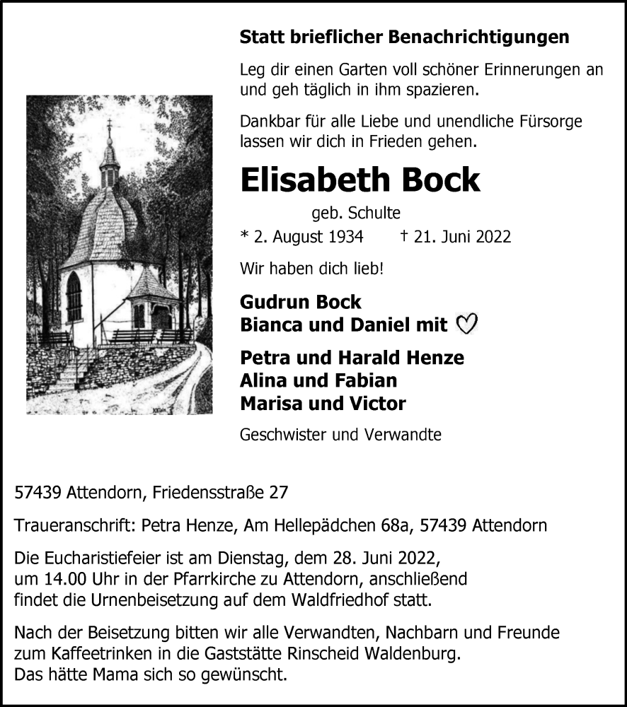  Traueranzeige für Elisabeth Bock vom 25.06.2022 aus waz