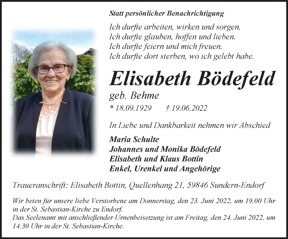  Traueranzeige für Elisabeth Bödefeld vom 22.06.2022 aus waz