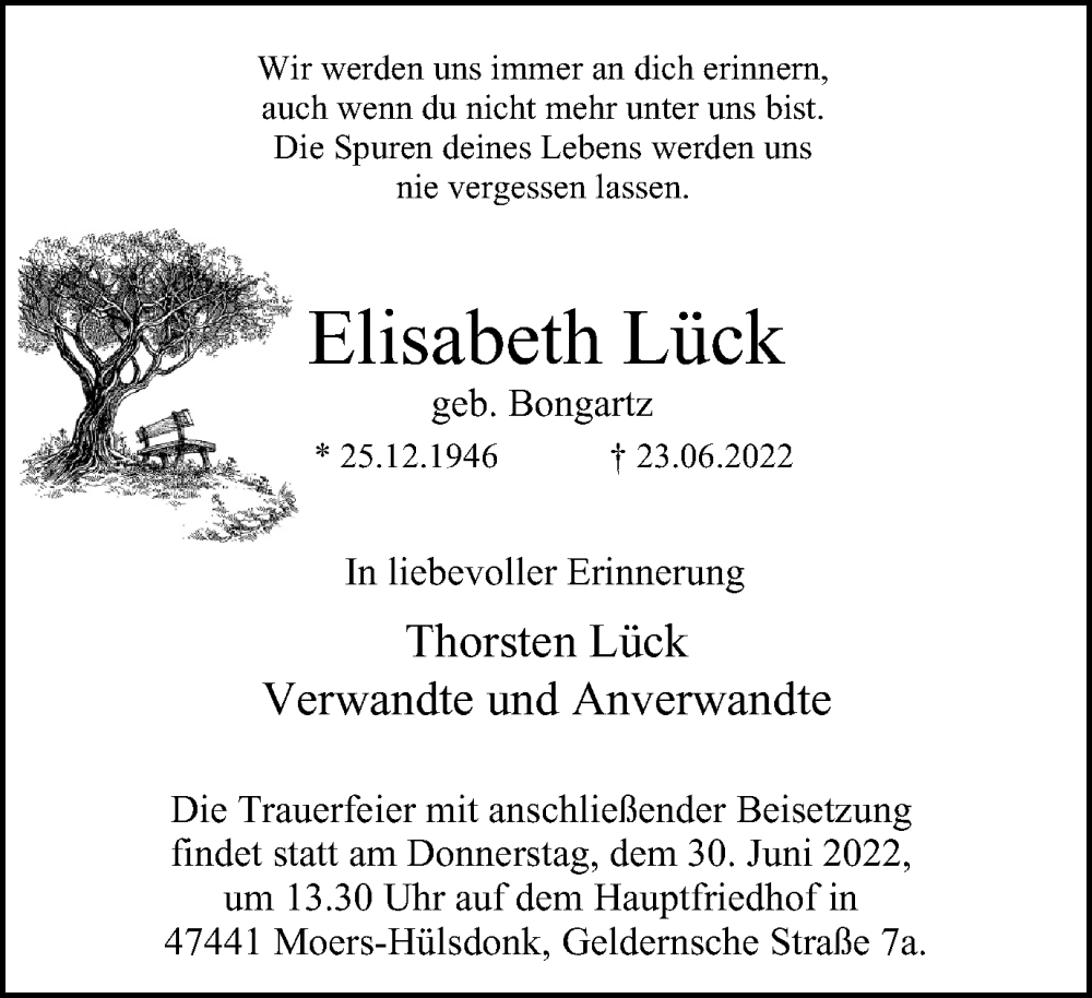  Traueranzeige für Elisabeth Lück vom 29.06.2022 aus waz