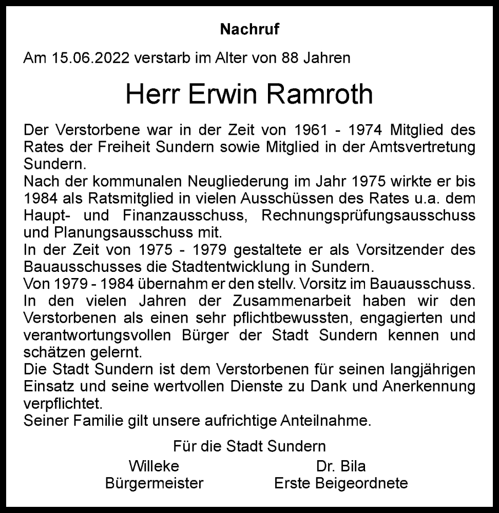  Traueranzeige für Erwin Ramroth vom 23.06.2022 aus waz