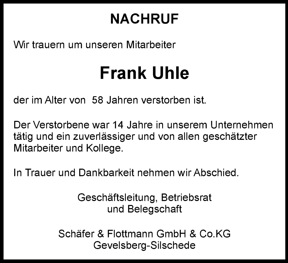  Traueranzeige für Frank Uhle vom 28.06.2022 aus waz