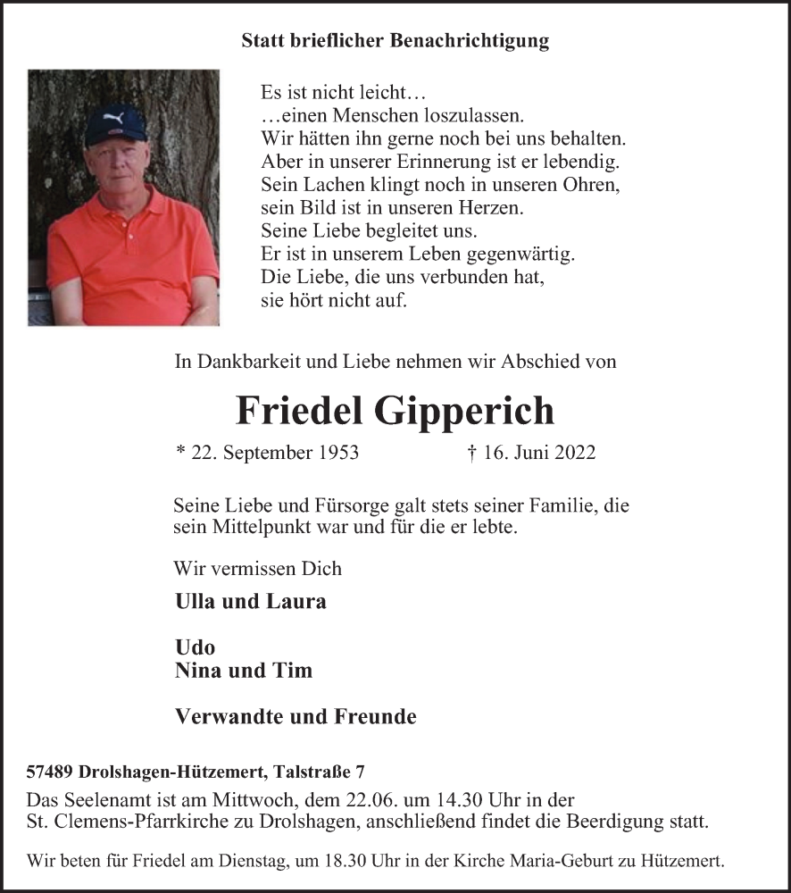  Traueranzeige für Friedel Gipperich vom 18.06.2022 aus waz