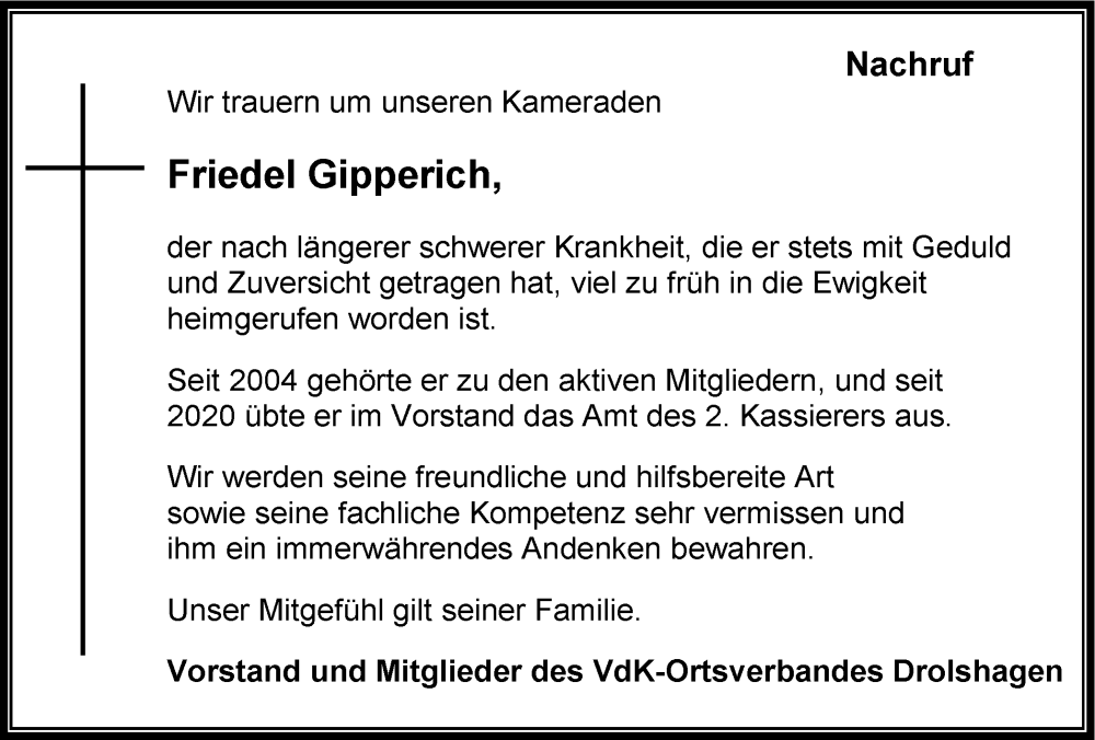  Traueranzeige für Friedel Gipperich vom 23.06.2022 aus waz