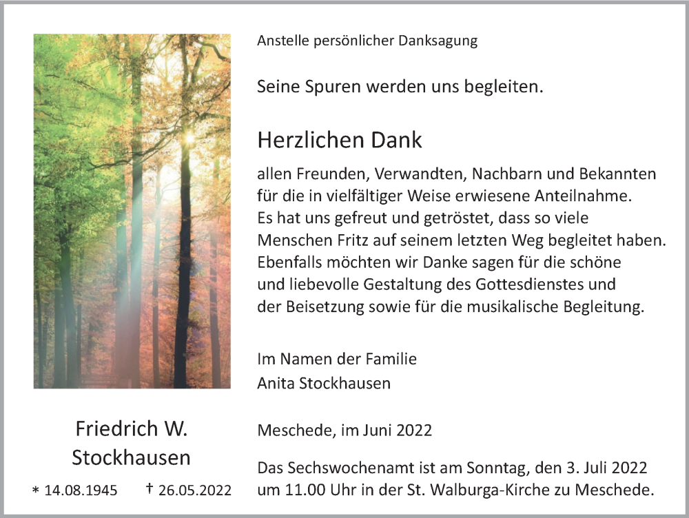  Traueranzeige für Friedrich W. Stockhausen vom 23.06.2022 aus waz