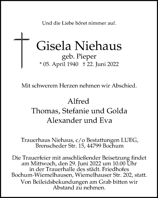 Traueranzeige von Gisela Niehaus von waz