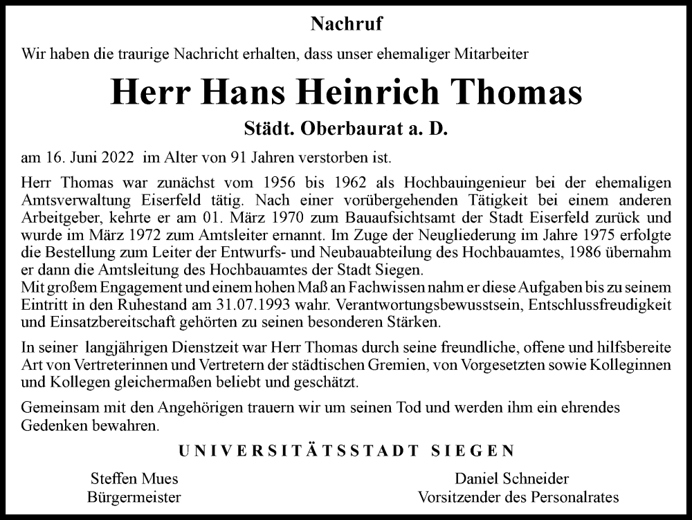  Traueranzeige für Hans Heinrich Thomas vom 23.06.2022 aus waz