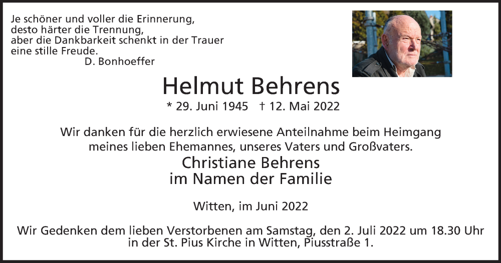  Traueranzeige für Helmut Behrens vom 18.06.2022 aus waz