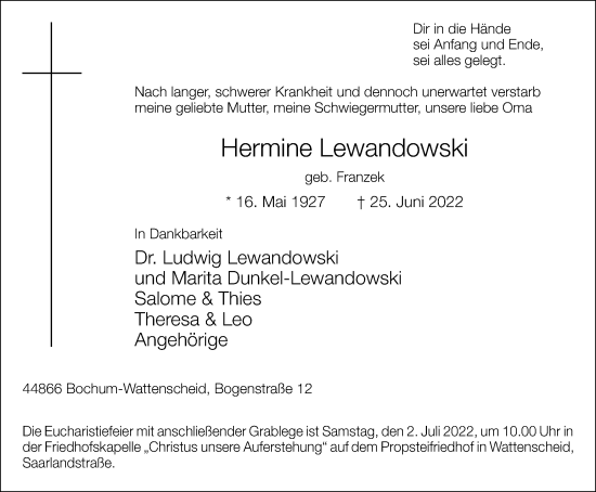 Traueranzeige von Hermine Lewandowski von waz