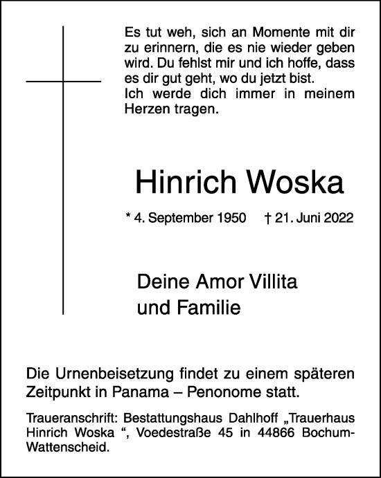 Traueranzeige von Hinrich Woska von waz