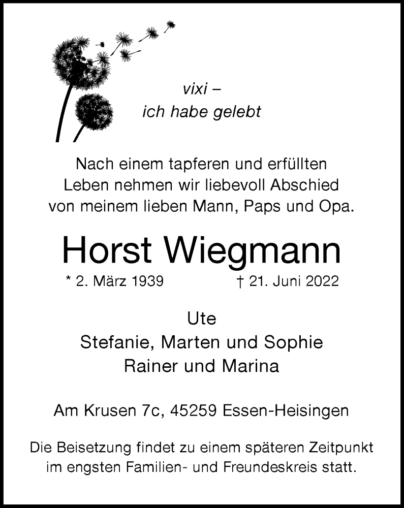 Traueranzeige für Horst Wiegmann vom 25.06.2022 aus waz