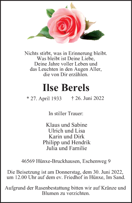 Traueranzeige von Ilse Berels von waz