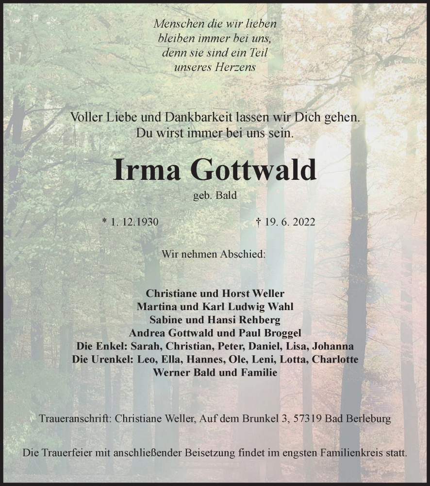  Traueranzeige für Irma Gottwald vom 22.06.2022 aus waz