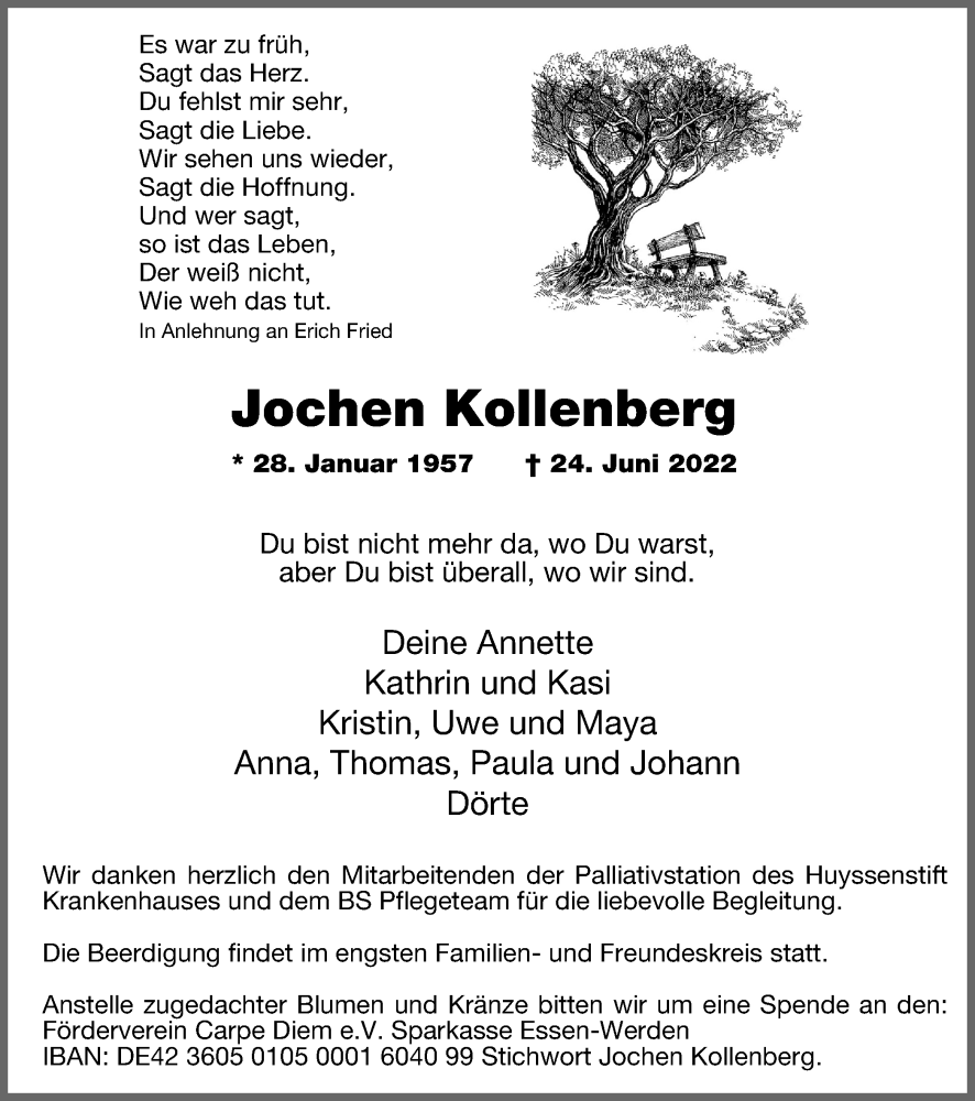  Traueranzeige für Jochen Kollenberg vom 29.06.2022 aus Tageszeitung