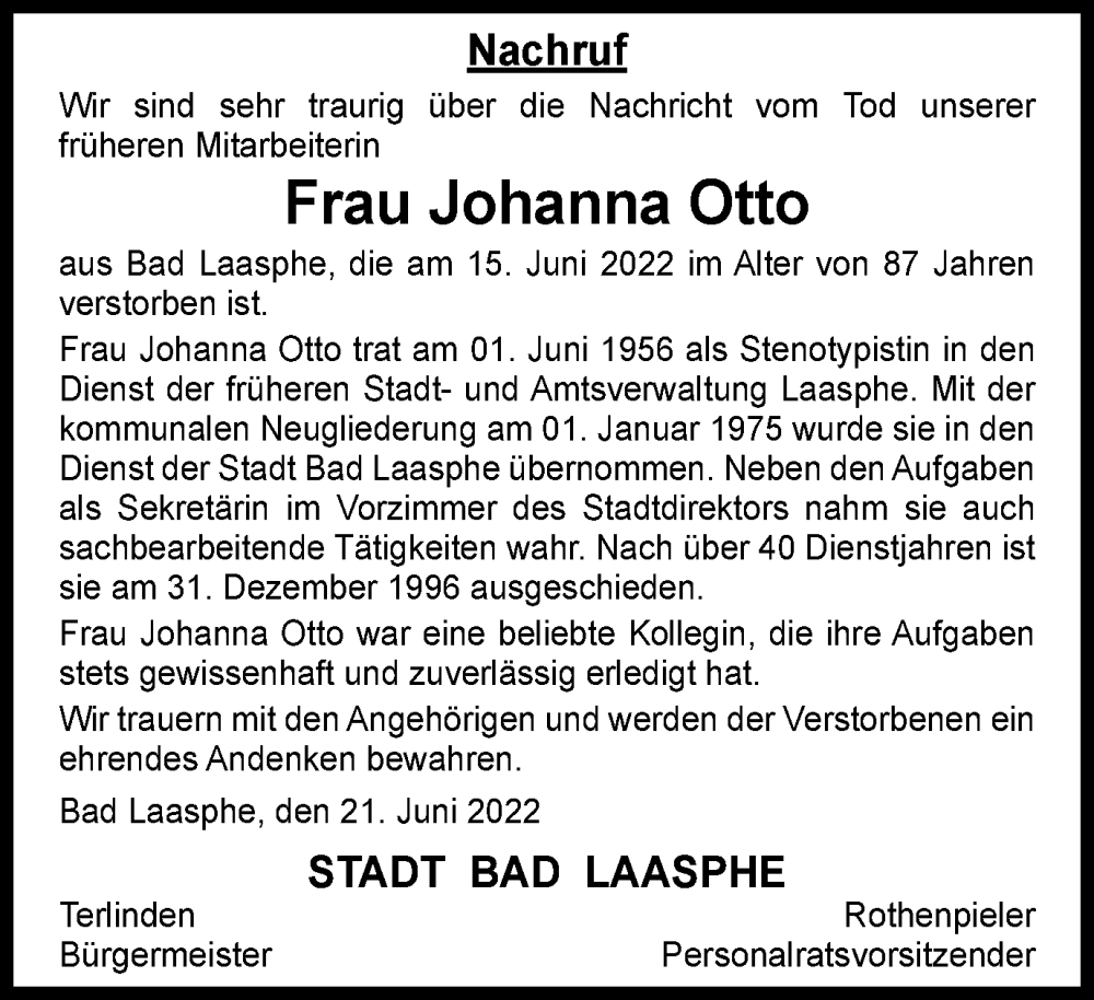  Traueranzeige für Johanna Otto vom 23.06.2022 aus waz