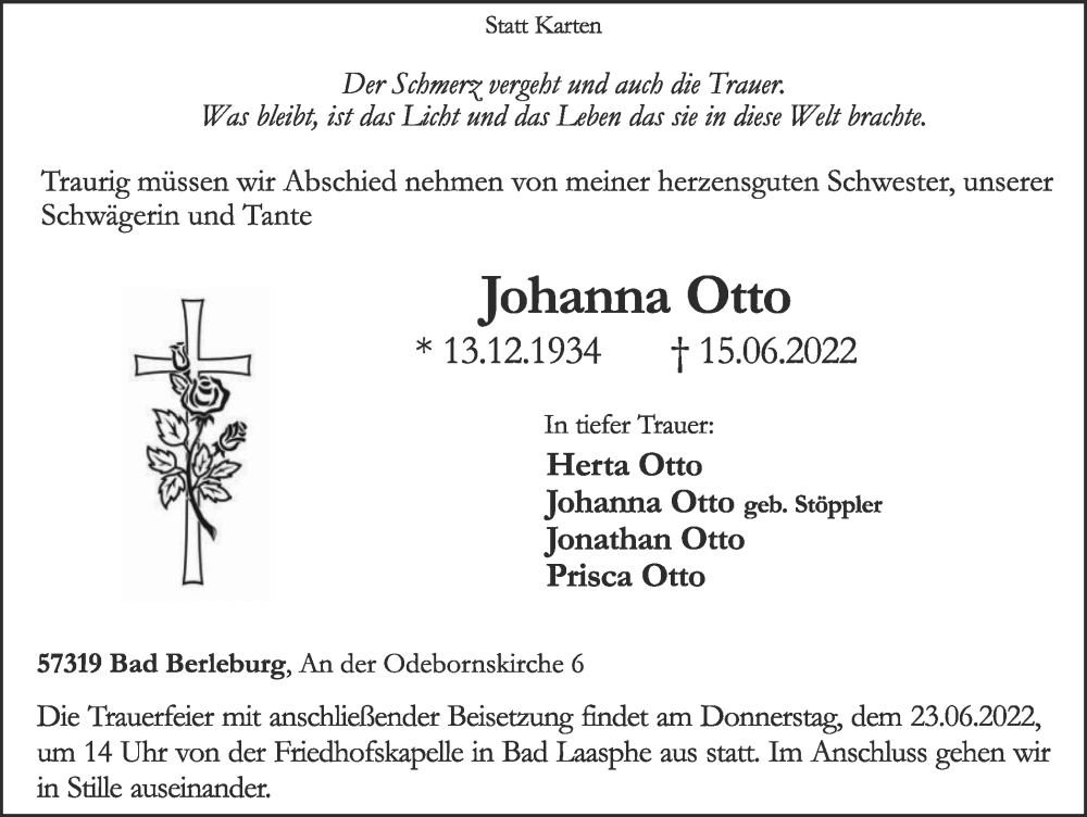  Traueranzeige für Johanna Otto vom 22.06.2022 aus waz