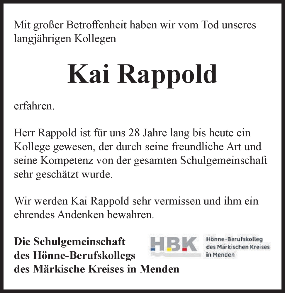  Traueranzeige für Kai Rappold vom 21.06.2022 aus Tageszeitung