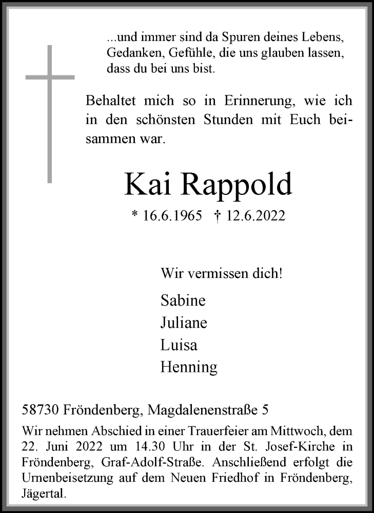  Traueranzeige für Kai Rappold vom 15.06.2022 aus Tageszeitung