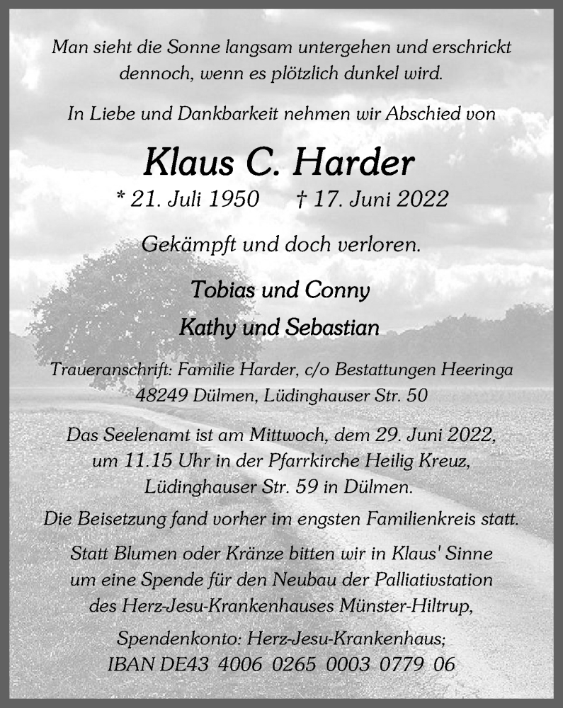  Traueranzeige für Klaus C. Harder vom 23.06.2022 aus waz