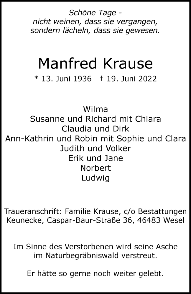  Traueranzeige für Manfred Krause vom 22.06.2022 aus waz