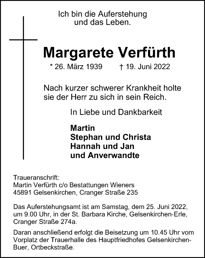  Traueranzeige für Margarete Verfürth vom 22.06.2022 aus waz
