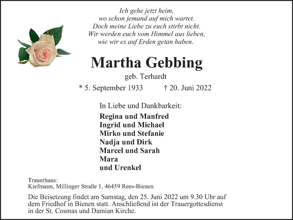  Traueranzeige für Martha Gebbing vom 23.06.2022 aus waz