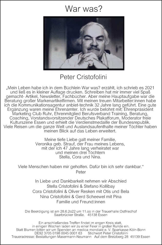  Traueranzeige für Peter Cristofolini vom 25.06.2022 aus waz
