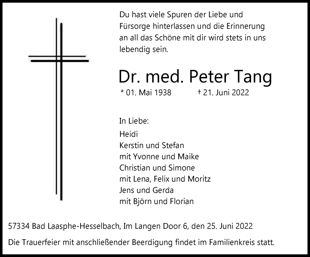  Traueranzeige für Peter Tang vom 25.06.2022 aus Tageszeitung