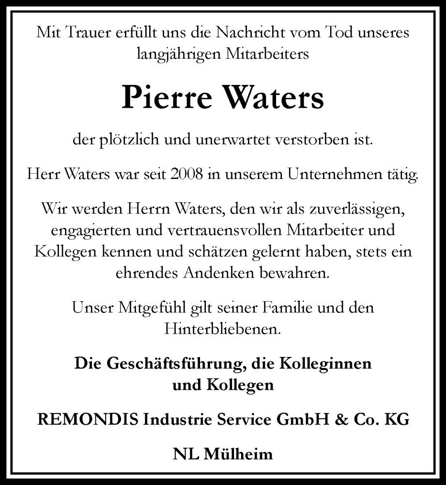  Traueranzeige für Pierre Waters vom 25.06.2022 aus waz