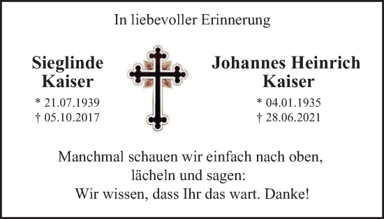 Traueranzeige von Sieglinde und Johannes Heinrich Kaiser von waz