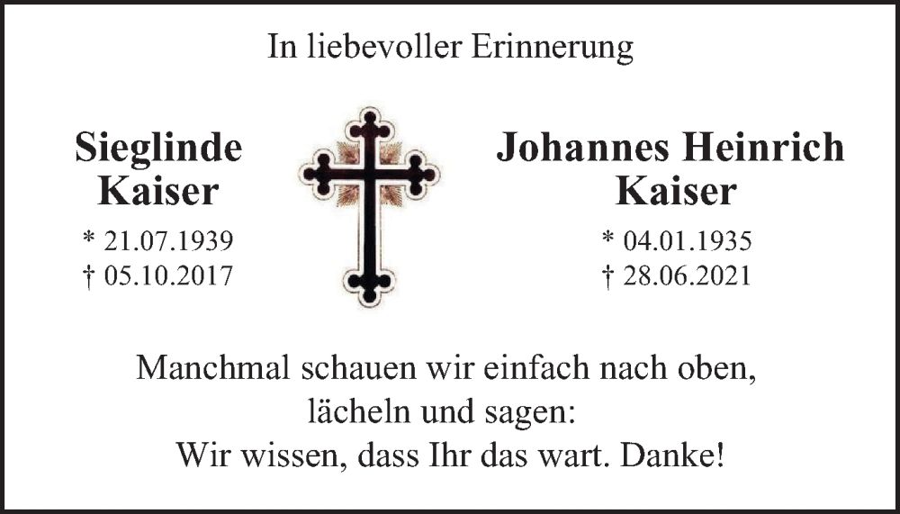 Traueranzeige für Sieglinde und Johannes Heinrich Kaiser vom 28.06.2022 aus waz