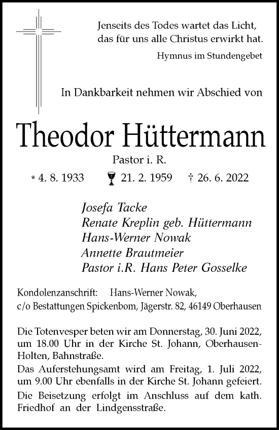 Traueranzeige von Theodor Hüttermann von waz