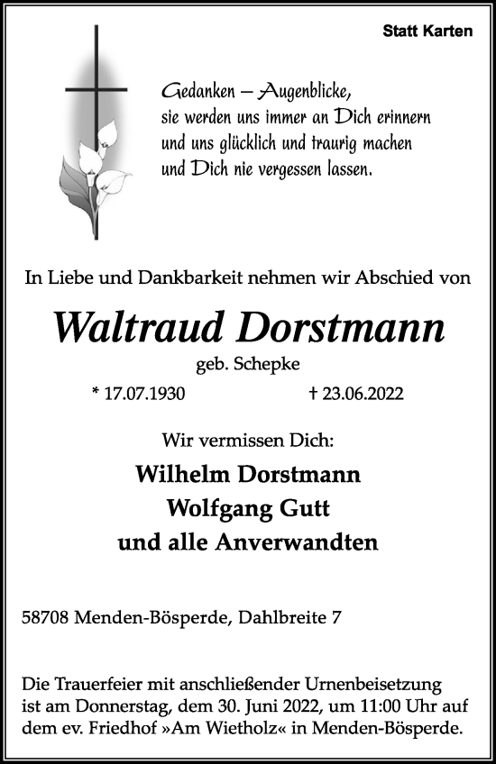 Traueranzeige von Waltraud Dorstmann von waz