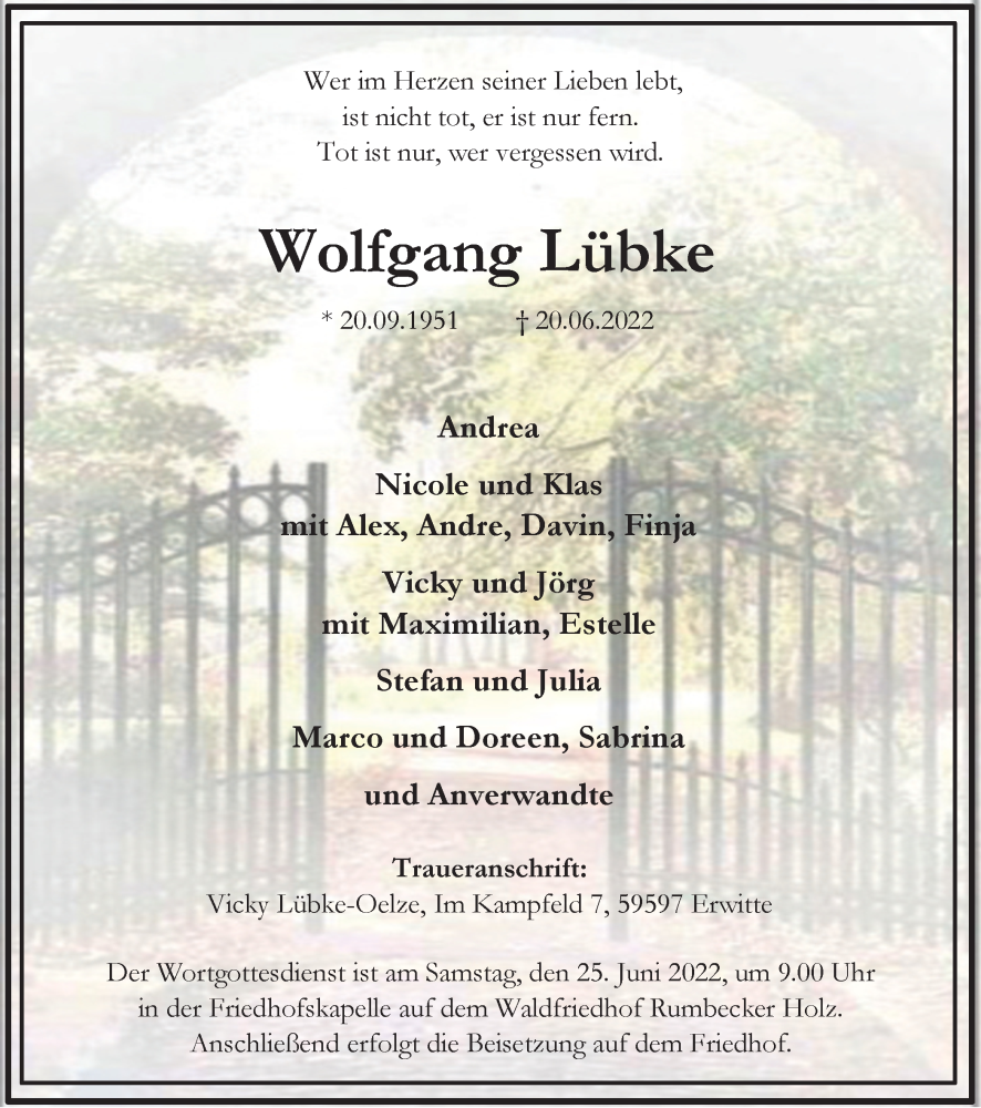  Traueranzeige für Wolfgang Lübke vom 23.06.2022 aus waz