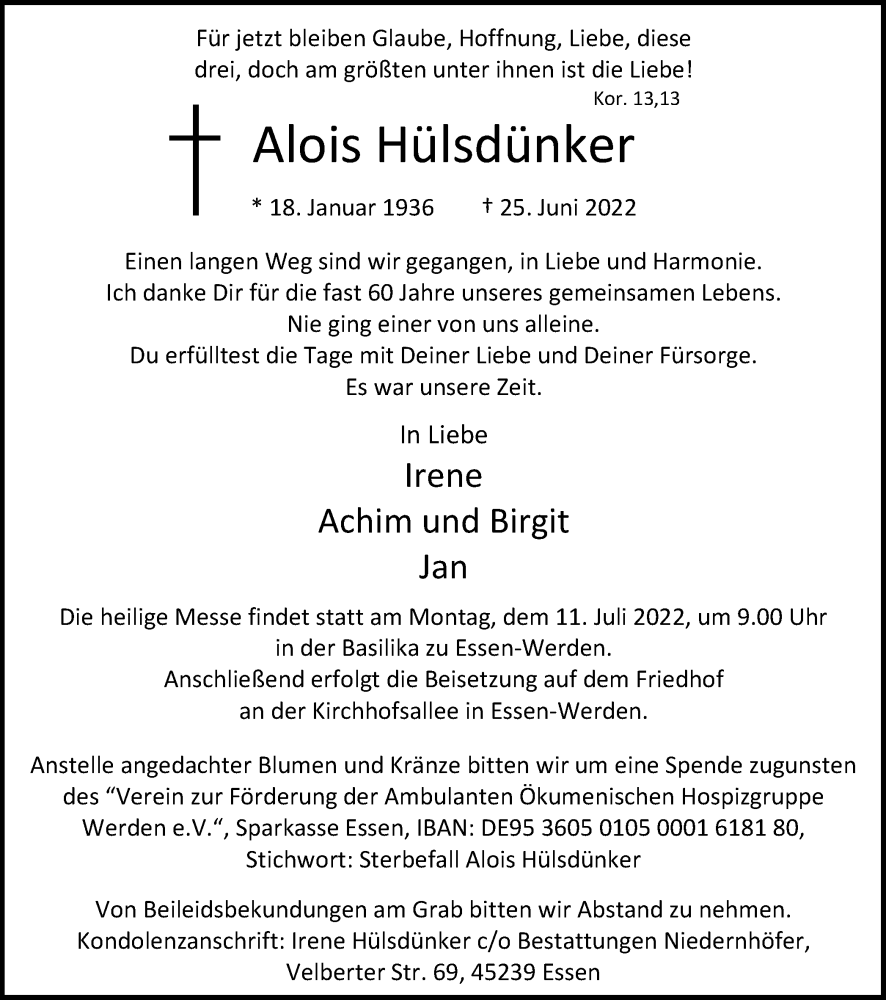  Traueranzeige für Alois Hülsdünker vom 09.07.2022 aus waz