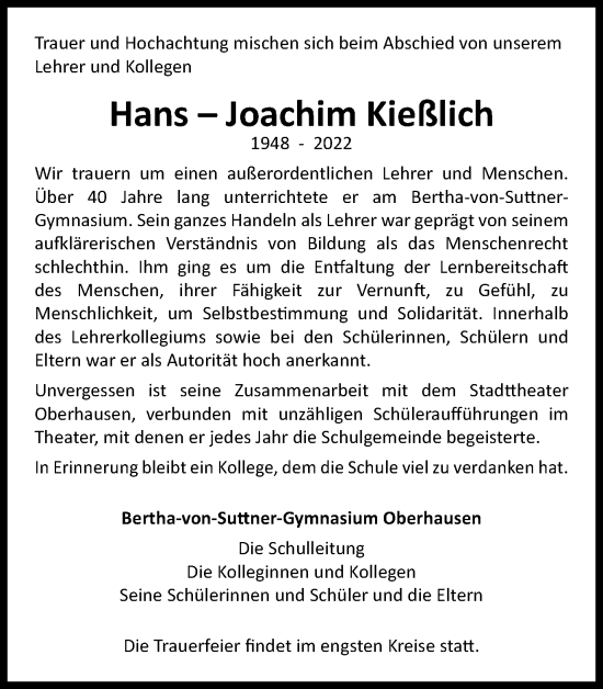 Traueranzeige von Hans–Joachim Kießlich von waz