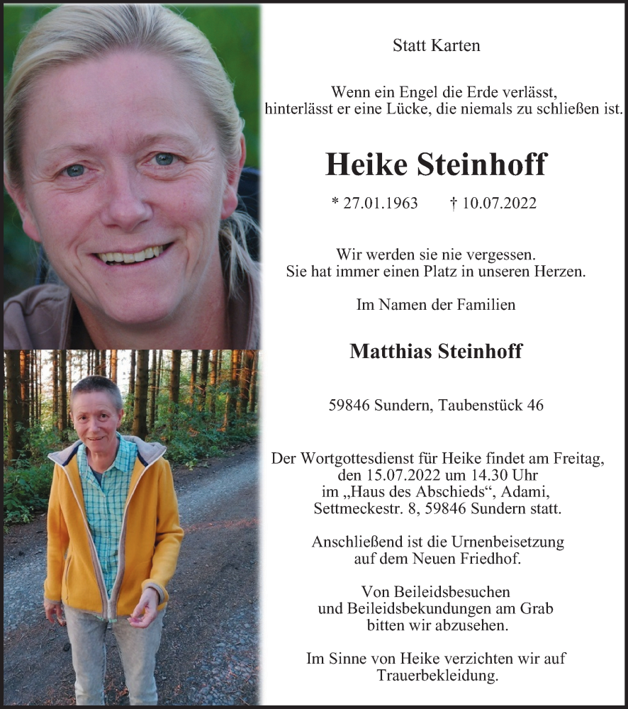  Traueranzeige für Heike Steinhoff vom 12.07.2022 aus Tageszeitung