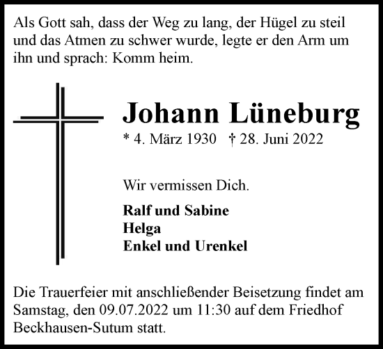 Traueranzeige von Johann Lüneburg von Tageszeitung