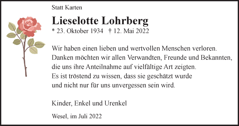  Traueranzeige für Lieselotte Lohrberg vom 09.07.2022 aus Tageszeitung