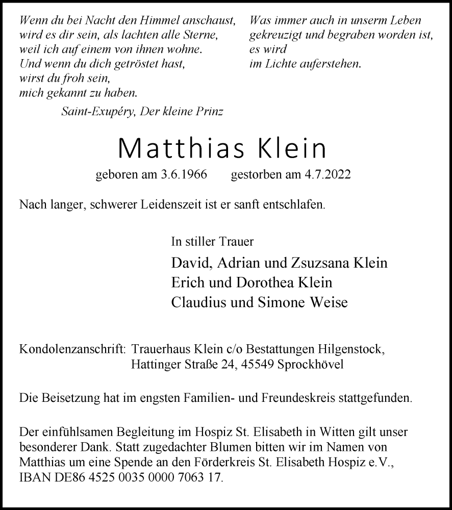  Traueranzeige für Matthias Klein vom 16.07.2022 aus waz