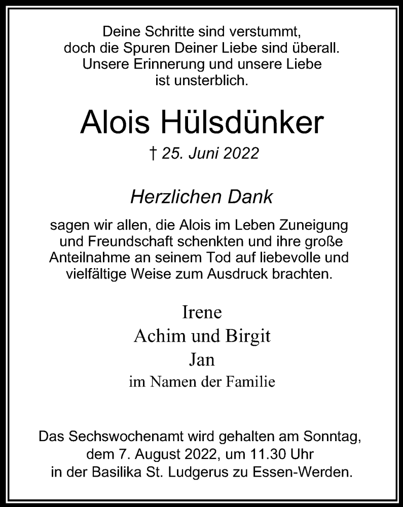  Traueranzeige für Alois Hülsdünker vom 05.08.2022 aus waz