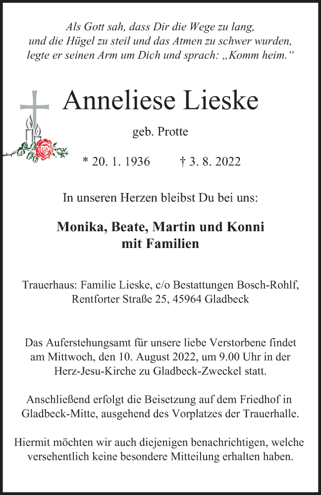  Traueranzeige für Anneliese Lieske vom 06.08.2022 aus waz