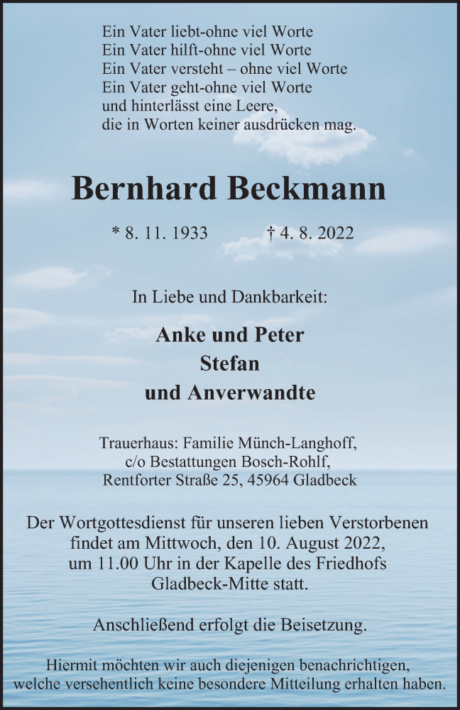  Traueranzeige für Bernhard Beckmann vom 06.08.2022 aus Tageszeitung