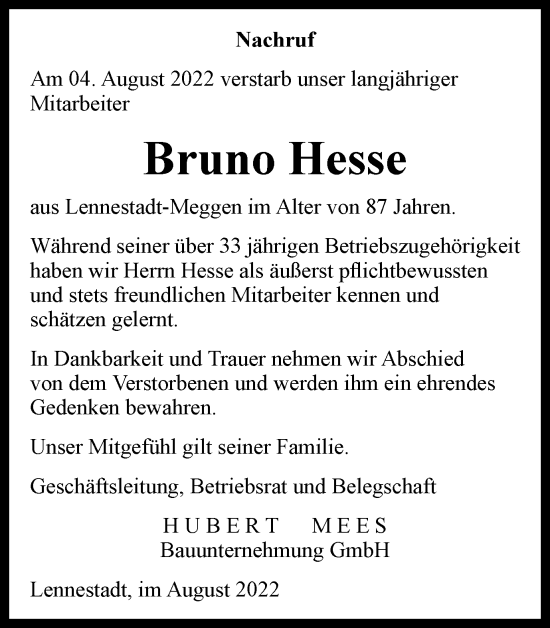 Traueranzeige von Bruno Hesse von waz