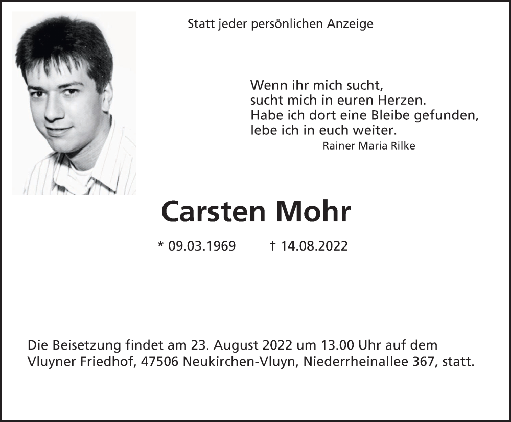  Traueranzeige für Carsten Mohr vom 20.08.2022 aus Tageszeitung