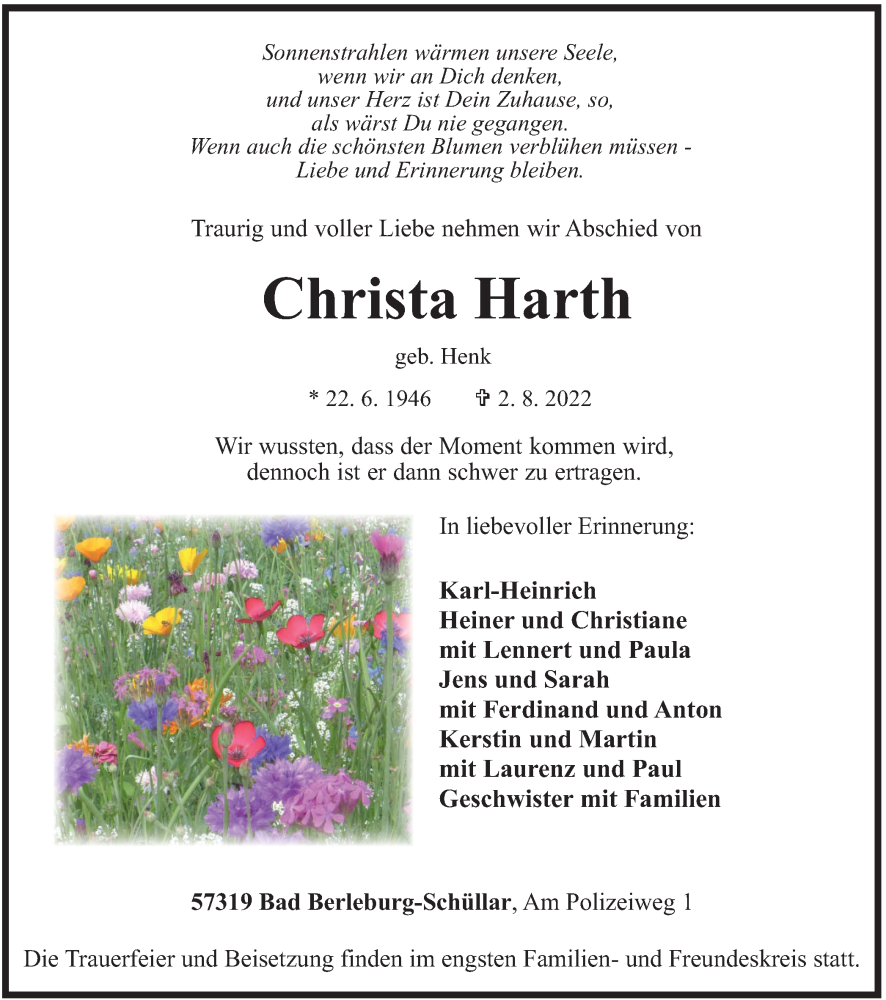  Traueranzeige für Christa Harth vom 05.08.2022 aus waz