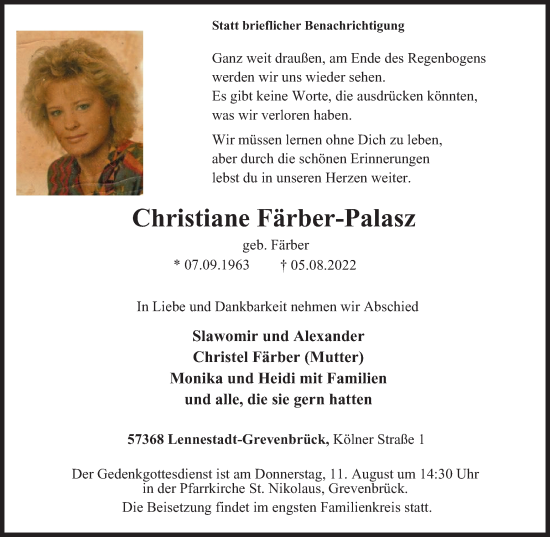 Traueranzeige von Christiane Färber-Palasz von waz