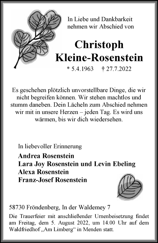  Traueranzeige für Christoph Kleine-Rosenstein vom 03.08.2022 aus Tageszeitung